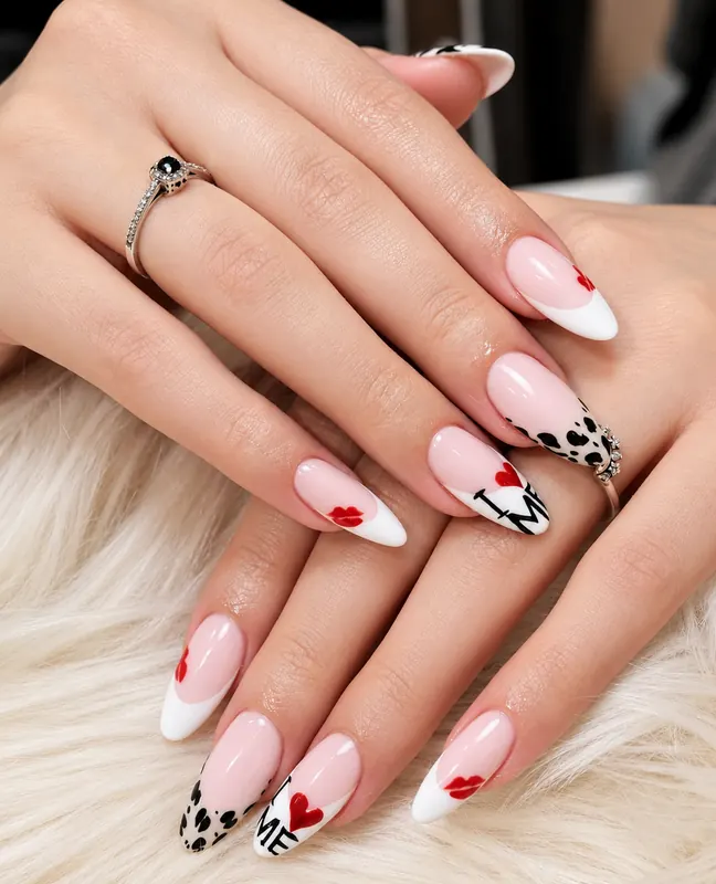 French Nails mit roten Herzen, Lippen und Leopardenmuster