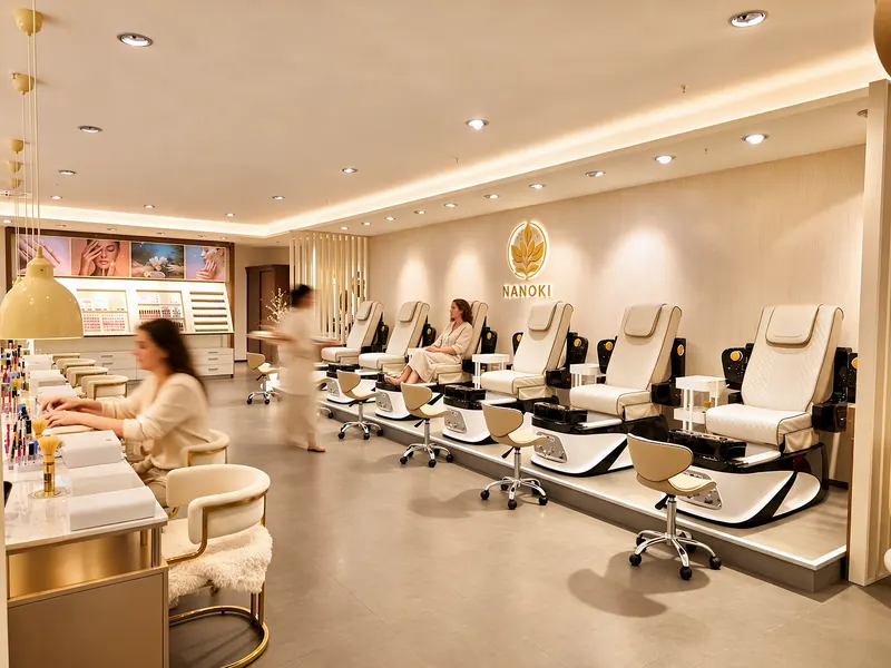 Pediküre-Lounge mit Massagesesseln und Nanoki-Logo an der Wand